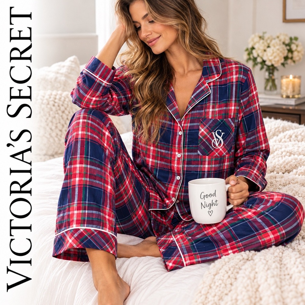 Victoria's Secret Pajama Set Womens L Red Plaid Flannel Sleepwear Loungewear 2PC
